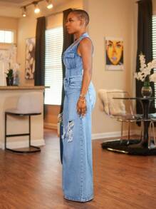 BamGleam Sexig denimjumpsuit med slitna ben och fickor för kvinnor, lämplig för utflykter och resor - Blå - Visa 2