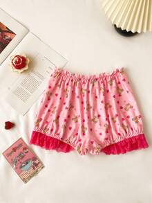 少女可爱荷叶边蝴蝶结蕾丝拼接平角内裤 - 粉色 - 查看 2