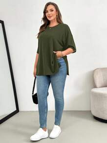 SHEIN Essnce Áo thun tay ngắn xẻ tà thời trang xuân hè rộng rãi thoải mái cho nữ cỡ lớn, kiểu dáng đơn giản, áo đi chơi, đồ mặc ở sân bay cho nữ, mùa hè châu Âu - xanh quân đội - Xem 5