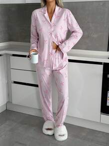 SHEIN PETITE PETITE SIZE Women 2 Pcs Button Front With Striped&Bot Pattern Homewear Cute Pajama Set