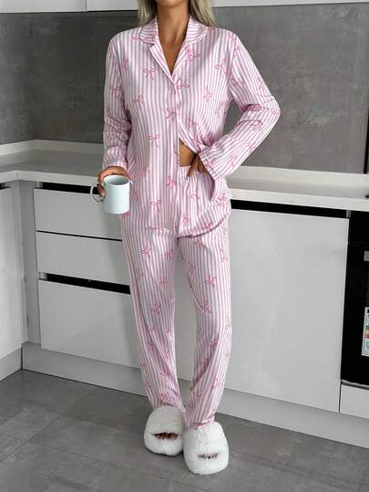 EURM Women Pcs Button Front Gestreepte Bot Pattern Homewear Schattige Pajama Set Roze Womens Sets Bows Two Piece Up view 5