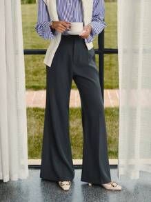 Briarwyn Celana Panjang Wanita Polos dengan Motif Garis-Garis Tusuk Gigi, Longgar, Kasual, Kaki Lebar, Musim Gugur, Kembali ke Sekolah, Gaya Klasik, Guru - Dark Grey - View 6