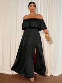 Cravure Váy phù dâu dài cỡ lớn, bó eo, xẻ tà, trễ vai, viền bèo nhún, thanh lịch cho dạ hội, tiếp khách, biểu diễn - màu đen - Xem 4