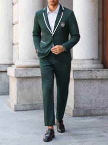 Manfinity Bizformal 男士纯色长袖西装外套和裤子休闲西装套装 - 綠色 - 查看 3