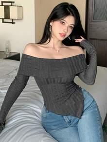 DAZY 女式纹理露肩修身休闲套头衫秋季 - 深灰色 - 查看 6