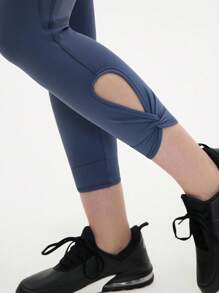 Eassivo Eassivo Women's Blue Twist Hollow Lace-Up Sports Leggings With Waist Tie - Dusty Blue - View 7