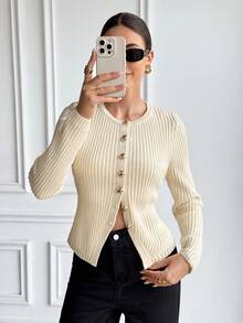 SHEIN Frenchy Women's Elegant Crew Neck Long Sleeve Textured Knit Cardigan,White Gold Button Waist-Defining Fit Sweater For Autumn Brunch,Christmas New Year Top - Grey - View 6