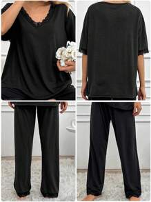 EURMUSE Cotton 2pcs/Set Women's Lace Detail Homewear Pajama Set - Black - View 6