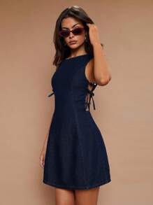 COSMINA 女士优雅度假牛仔镂空连衣裙，春夏 - 藏蓝色 - 查看 5