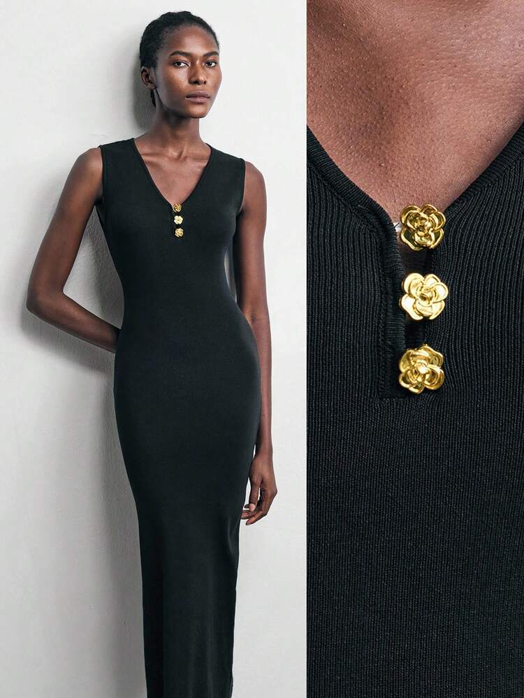 SHEIN Maija Abito in maglia morbida attillato con scollo a V, cinghie spesse e fibbia metallica, adatto allo stile urbano elegante, per l'inizio dell'autunno 2025