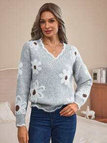 EMERY ROSE Women Elegant Floral Pattern Lace Trim Knit Sweater - Light Grey - View 3