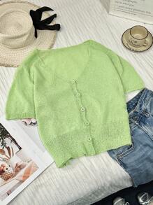 Comfortcana Plus Size Casual Solid Color Short Sleeve Lightweight Cardigan - Mint Green - View 2