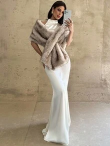 Firerie Fall/Winter Elegant Minimalist Khaki Beige Shawl Collar Faux Fur Sleeveless Jacket, Fashion Versatile Club Wear, Autumn/Winter Fall Women Clothes Elegant Party Coat Fall Outfits Women Winter Dresses For Women,Women's Fake Fur Coat, - Khaki - View 3