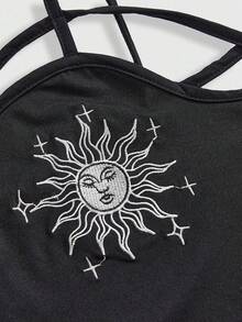 ROMWE Summer Outfits 2pcs Women's Vacation Gothic Sun & Moon Embroidery Camisole + Allover Print Skirt Set - Purple - View 8