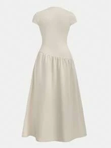 SHEIN Vestido largo asimétrico de línea A con cintura ceñida, de manga corta, ajustado, de cuello alto y color beige sólido, elegante y sencillo para uso diario casual de niñas preadolescentes, primavera/verano