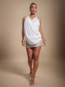 Hauture Women's White Satin Front Drape With Gold Ring Neck Detail Summer Sexy Night Out Dress - White - View 3