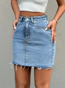 EURMUSE Petite Solid Mini Denim Skirt - Medium Wash - View 7