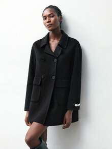 Maija Wool Material Women's Solid Color Lapel NeckLong Sleeve Double-Breasted Casual Overcoat Modern Urban Casual Fashion Business Casual Women's Office Wear Low-Key Old Money Style Effortless Temperament High-End Urban Commuting High-Quality Airport Women's Wear High-End Material In Fall/Winter Low-Key And Durable Basic Style, All-Match And Suitable For Everyone, Street Fashion Wear, Coffee Shop Wear, Relaxed Wear All-Season - Black - View 6