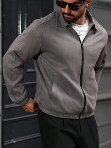 Manfinity Homme 男士休闲宽松麂皮夹克，深灰色，日常穿着，送给男友/老公的礼物，周年纪念礼物，男士拉链夹克，男士休闲夹克，男士麂皮夹克，男士衬衫式夹克，男士飞行员夹克，抓绒夹克 - 深灰色 - 查看 3