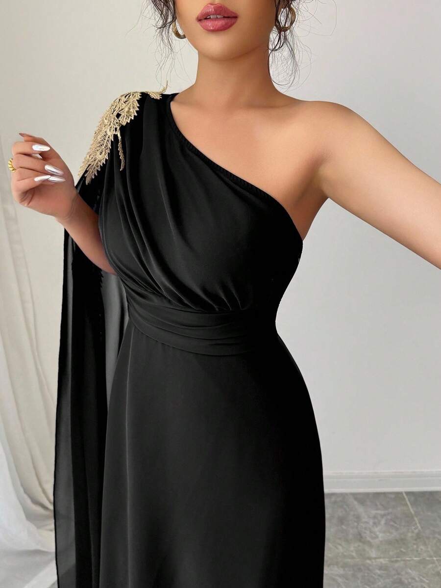 Rafferiza Rochie elegantă de lux pentru femei, cu un umăr, din plasă, cu aplicații brodate aurii, linie A - imagine 3