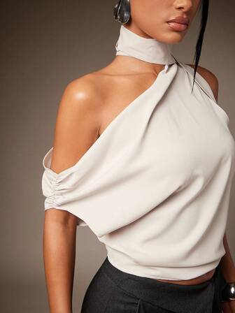 Hauture 性感夏季休闲基本款单肩围巾褶饰衬衫上衣