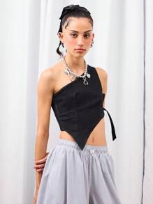 COUREZ 不对称单肩牛仔上衣/Y2K可爱上衣 外出上衣 秋季女装 性感露肩上衣 - 黑色 - 查看 5