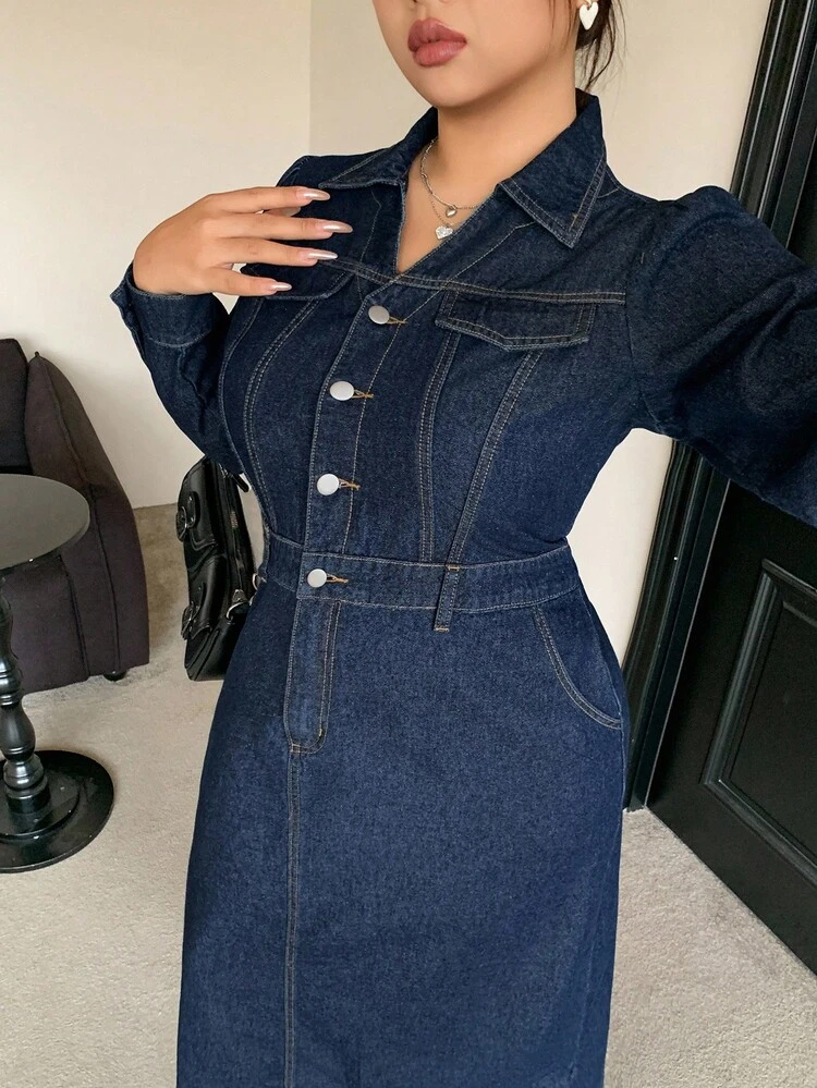 Dazy Plus Plus Size Women Dark Wash Denim Long Sleeve Dress Fall Women Clothes Curve Denim Dress Maxi Dress
