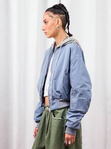 COUREZ Chaqueta con capucha azul oversize/Tops lindos Y2K para salir, volver a la escuela, chaqueta primaveral para mujeres - Neblina azul - Ver 5