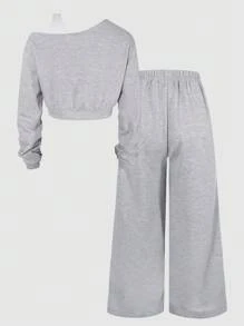 SHEIN Explorewe Conjunto de 2 piezas de sudadera con estampado de letras y correa para el hombro + pantalones deportivos casuales cómodos de contraste a rayas para adolescentes y niñas, versátil para uso diario en las 4 estaciones