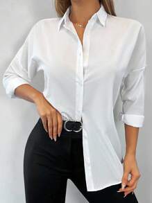 Cottnline 女士休闲纯棉落肩衬衫 - 白色 - 查看 4