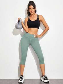 Powerista Quần legging thể thao đơn giản, thời trang, màu trơn, quần tập yoga mặc hàng ngày cho nữ - màu xanh lá - Xem 5