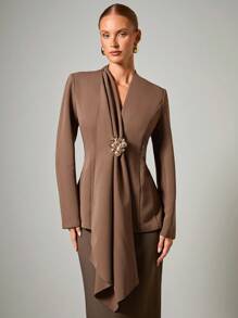 COSMINA 女士金属花朵装饰长袖优雅薄款西装外套，秋冬商务休闲女士 - 咖啡棕 - 查看 1