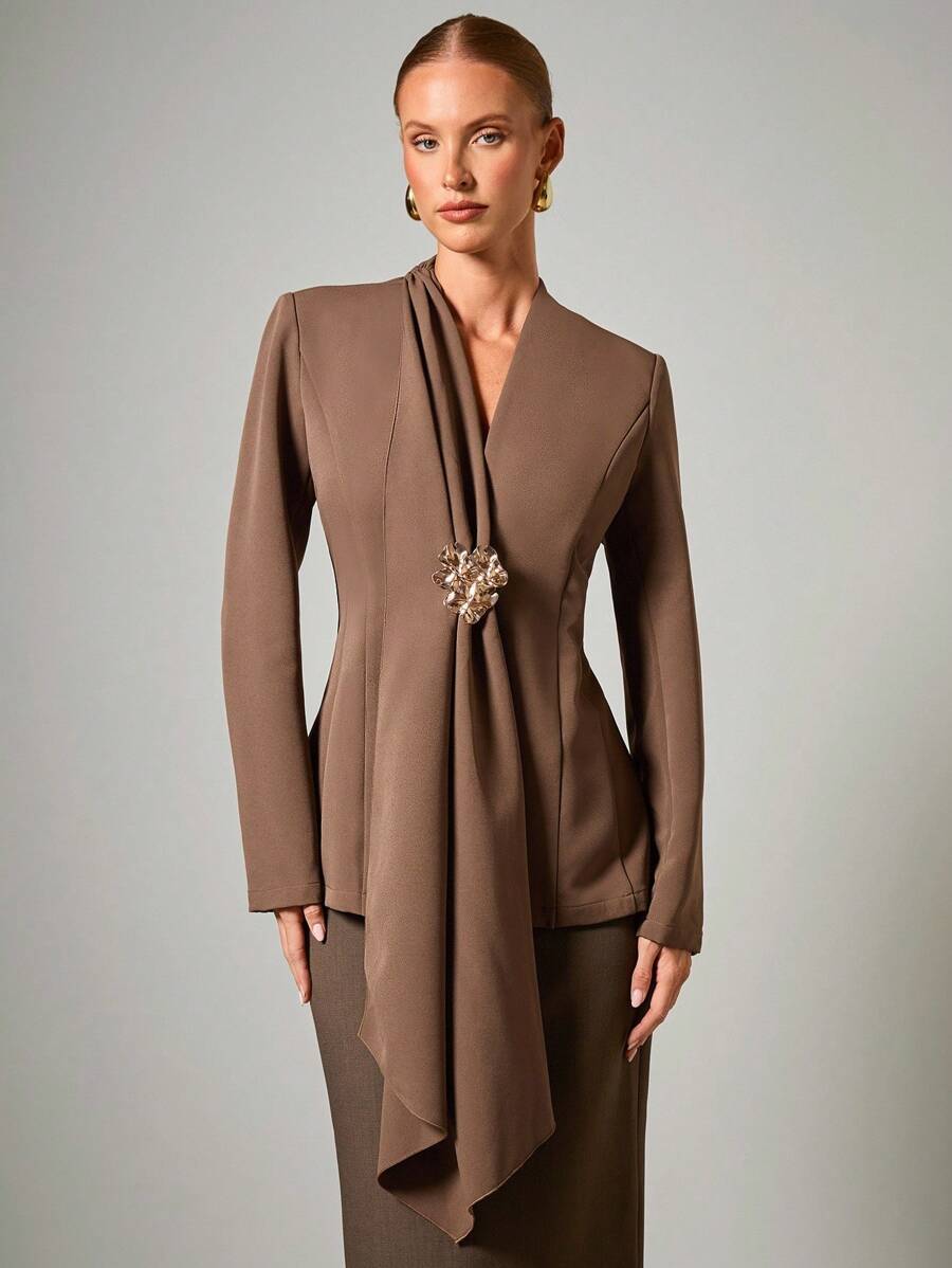 COSMINA 女士金属花朵装饰长袖优雅薄款西装外套，秋冬商务休闲女士 - 咖啡棕 - 查看 1