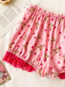 少女可爱荷叶边蝴蝶结蕾丝拼接平角内裤 - 粉色 - 查看 4