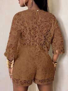 BamGleam Áo kiểu nữ dệt kim bốn mùa, chất liệu ren xuyên thấu, khoét eo gợi cảm, tay loe, kiểu dáng thanh lịch. - Màu Khaki - Xem 2