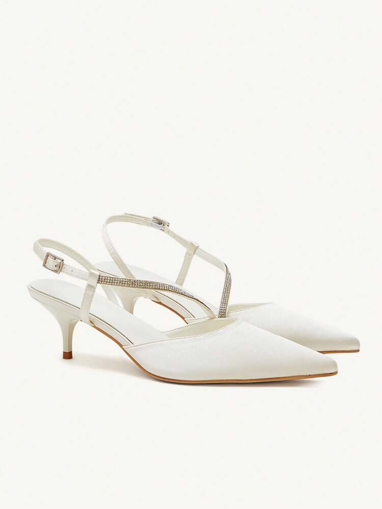 CUCCOO CHICEST Beige Strappy Rhinestone Pointed Toe Kitten Heel Closed Toe Elegant Fashion Wedding Party High Heel Pumps