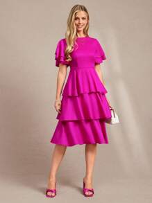 Amorya 女式纯色荷叶边下摆多层连衣裙 - 玫紅色 - 查看 12