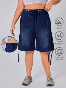 Flexra 大码夏季休闲水洗抽绳腰牛仔裤 - 藍色 - 查看 1