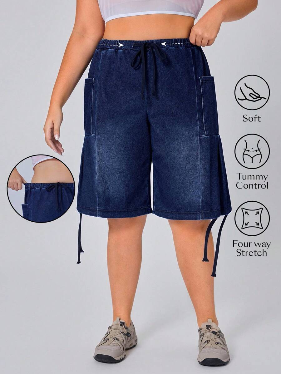 Flexra 大码夏季休闲水洗抽绳腰牛仔裤 - 藍色 - 查看 1