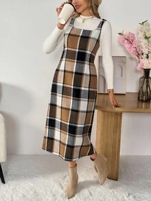 SHEIN LUNE 女士休闲格子无袖中长连衣裙，收腰设计，日常百搭，秋冬格子连衣裙，女士格子中长连衣裙，方格连衣裙，秋季连衣裙，大地色系连衣裙，外出穿搭，女士连衣裙，女士连衣裙，优雅休闲连衣裙，女士街头风秋季服装，女士秋季穿搭，秋季服装，女士冬季服装，冬季服装，女士休闲机场穿搭，女士外出穿搭，休闲 - 彩色 - 查看 3
