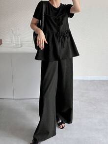 FRIFUL 女士纯色深灰色抽绳褶皱两件套，百搭商务休闲装，适合节日穿着