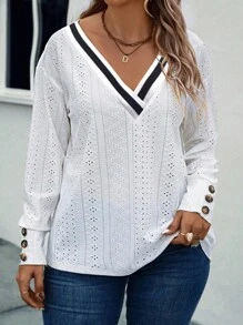 EMERY ROSE New Fashion Casual Colorblock Ribbed V-Neck Long Sleeve Loose T-Shirt For Plus Size Women Fall Cloth For Women - White - View 5