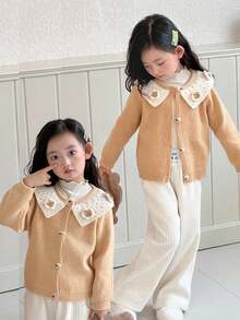 DAZY Young Girl Colorblock Floral Decor Cardigan - Yellow - View 1