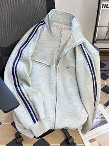 INAWLY 女式侧条纹长袖拉链休闲运动衫秋季 - 灰色 - 查看 1