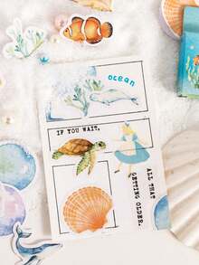 1盒46张1.73英寸*1.73英寸海洋主题贴纸，包括海星、海马、珍珠和珊瑚贴纸，适用于剪贴簿、DIY装饰和封口、书籍、笔记本、水杯、绘画艺术装饰。 - 彩色 - 查看 3