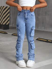 SHEIN Young Girl Blue Denim Elastic Skinny Layered Leggings - Light Wash - View 3