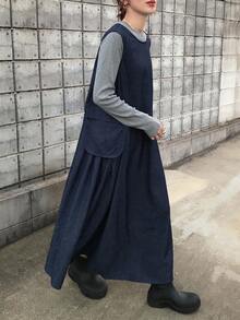 FRIFUL Women's Navy Blue Solid Color Round Neck Sleeveless Side Slit Large Pocket Decorated Maxi Denim Dress, Autumn - Blue - View 2