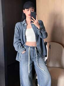 DAZY Women's Denim Suit, Washed Distressed Tie-Up Drawstring Shirt Top And Straight Leg Cargo Pants Set, Autumn/Winter,Fall Women Clothes - Light Wash - View 6