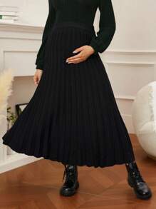 SHEIN Vestido de punto de unicolor para maternidad, falda plisada de línea A de cintura alta