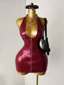 Mistrie 2025 性感镜面 PU 深 V 领修身紧身吊带俱乐部连衣裙 病毒之夜 - 酒紅色 - 查看 1